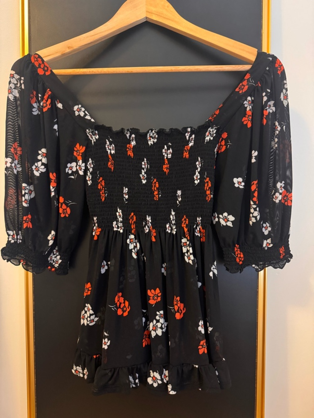 Black Floral Off-Shoulder Smocked Top